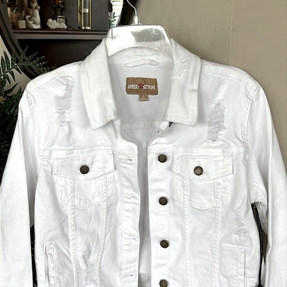 Brand New Red Star White Denim Button Up Collar Jean Jacket Distressed Cotton - Picture 2 of 15